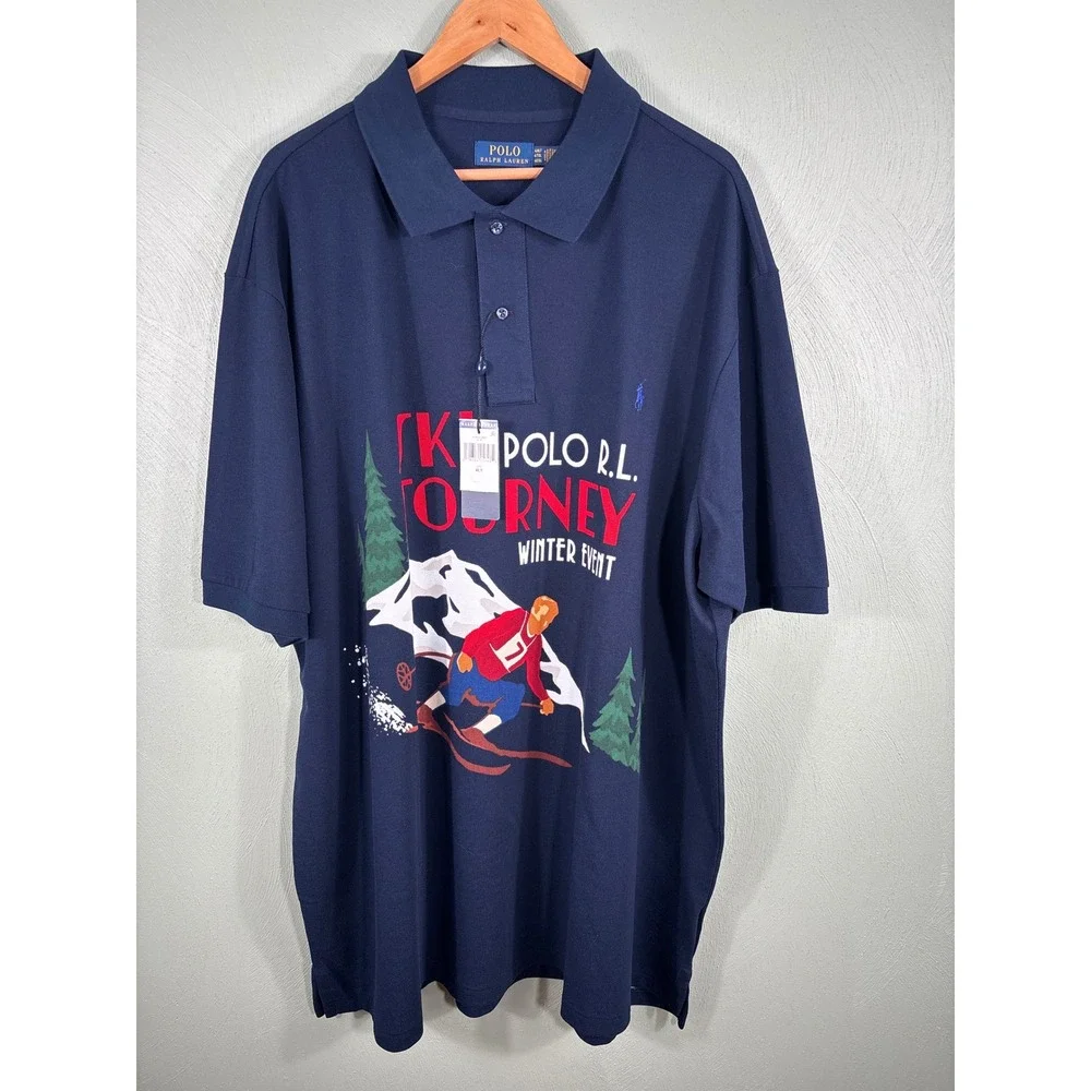 Polo Ralph Lauren Men 4XLT Navy Blue Ski Tourney Winter Event Graphic Polo Shirt